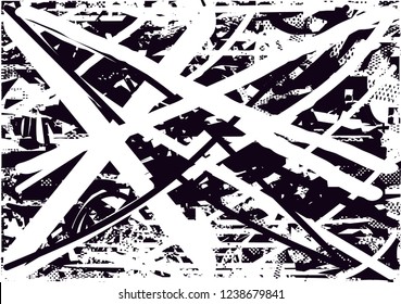 Distressed background in black and white texture with  dark spots, scratches and lines. Abstract vector illustration