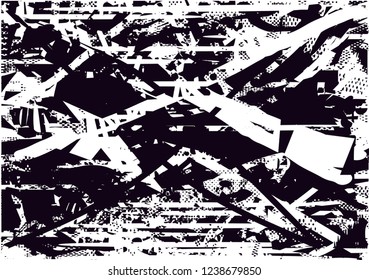 Distressed background in black and white texture with  dark spots, scratches and lines. Abstract vector illustration