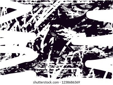 Distressed background in black and white texture with  dark spots, scratches and lines. Abstract vector illustration