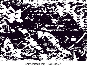 Distressed background in black and white texture with  dark spots, scratches and lines. Abstract vector illustration