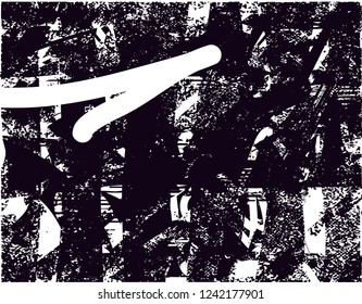 Distressed background in black and white texture with  dark spots, scratches and lines. Abstract vector illustration