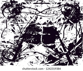 Distressed background in black and white texture with  dark spots, scratches and lines. Abstract vector illustration