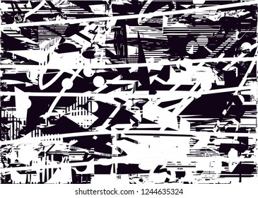 Distressed background in black and white texture with  dark spots, scratches and lines. Abstract vector illustration
