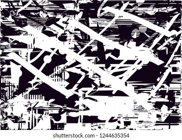 Distressed background in black and white texture with  dark spots, scratches and lines. Abstract vector illustration