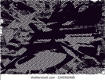 Distressed background in black and white texture with  dark spots, nets,scratches and lines. Abstract vector illustration