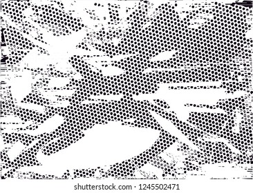 Distressed background in black and white texture with  dark spots, nets,scratches and lines. Abstract vector illustration
