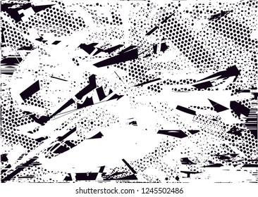 Distressed background in black and white texture with  dark spots, nets,scratches and lines. Abstract vector illustration