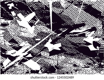 Distressed background in black and white texture with  dark spots, nets,scratches and lines. Abstract vector illustration