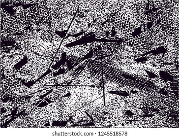 Distressed background in black and white texture with  dark spots, scratches and lines. Abstract vector illustration