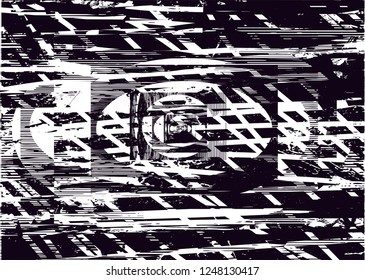 Distressed background in black and white texture with  dark spots, scratches and lines. Abstract vector illustration