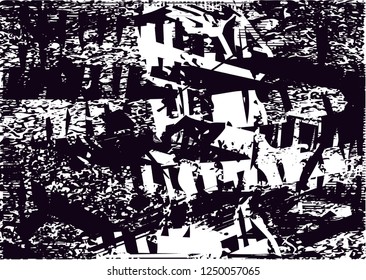 Distressed background in black and white texture with  dark spots, scratches and lines. Abstract vector illustration