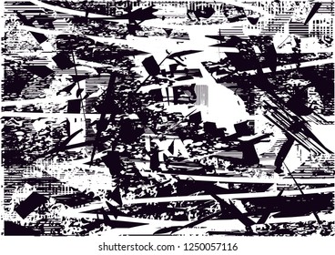 Distressed background in black and white texture with  dark spots, scratches and lines. Abstract vector illustration