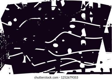 Distressed background in black and white texture with dots, spots, scratches and lines. Abstract vector illustration