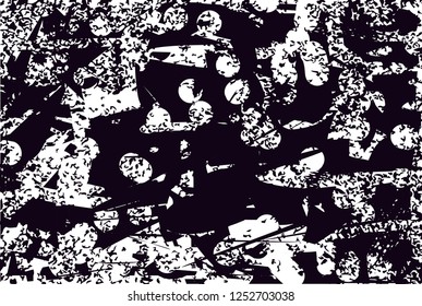 Distressed background in black and white texture with dots, spots, scratches and lines. Abstract vector illustration