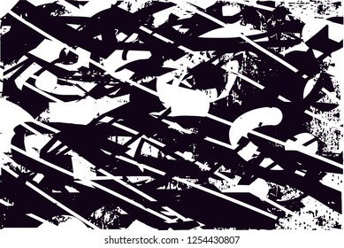 Distressed background in black and white texture with dots, spots, scratches and lines with wide pale areas. Abstract vector illustration