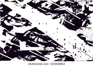 Distressed background in black and white texture with dots, spots, scratches and lines with wide pale areas. Abstract vector illustration