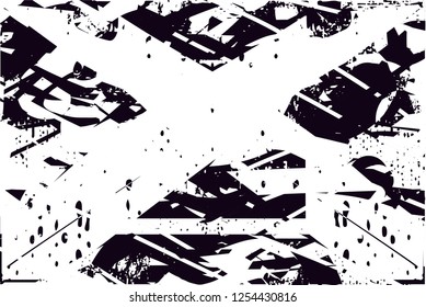Distressed background in black and white texture with dots, spots, scratches and lines with wide pale areas. Abstract vector illustration