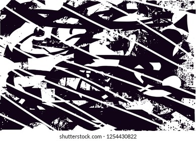 Distressed background in black and white texture with dots, spots, scratches and lines with wide pale areas. Abstract vector illustration