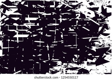 Distressed background in black and white texture with dots, spots, scratches and lines. Abstract vector illustration
