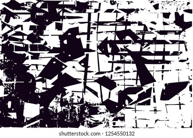 Distressed background in black and white texture with dots, spots, scratches and lines. Abstract vector illustration