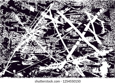 Distressed background in black and white texture with dots, spots, scratches and lines. Abstract vector illustration