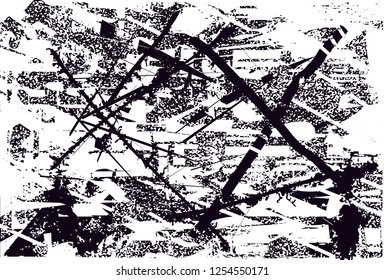Distressed background in black and white texture with dots, spots, scratches and lines. Abstract vector illustration