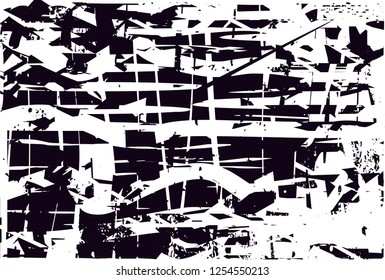 Distressed background in black and white texture with dots, spots, scratches and lines. Abstract vector illustration