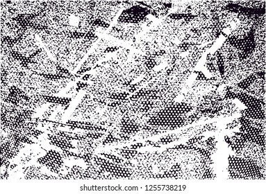 Distressed background in black and white texture with dots, spots, scratches and lines. Abstract vector illustration