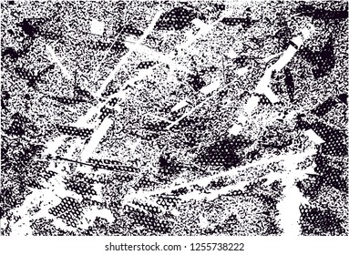 Distressed background in black and white texture with dots, spots, scratches and lines. Abstract vector illustration