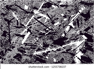 Distressed background in black and white texture with dots, spots, scratches and lines. Abstract vector illustration