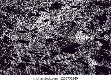 Distressed background in black and white texture with dots, spots, scratches and lines. Abstract vector illustration