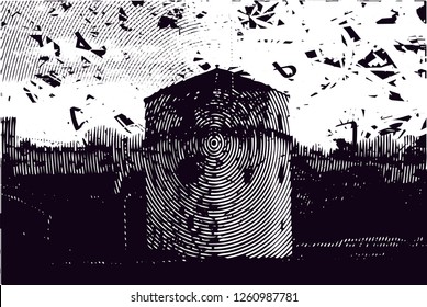 Distressed background in black and white texture from photo of medieval tower,with dots, spots, scratches and lines. Abstract vector illustration