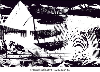 Distressed background in black and white texture with dots, spots, scratches and lines. Abstract vector illustration
