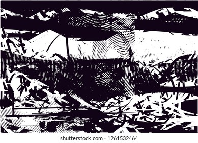Distressed background in black and white texture with dots, spots, scratches and lines. Abstract vector illustration