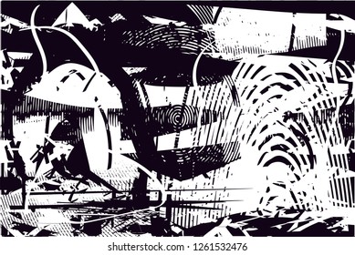 Distressed background in black and white texture with dots, spots, scratches and lines. Abstract vector illustration