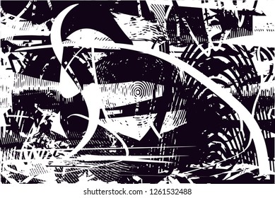 Distressed background in black and white texture with dots, spots, scratches and lines. Abstract vector illustration