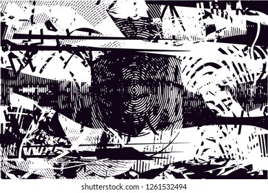 Distressed background in black and white texture with dots, spots, scratches and lines. Abstract vector illustration