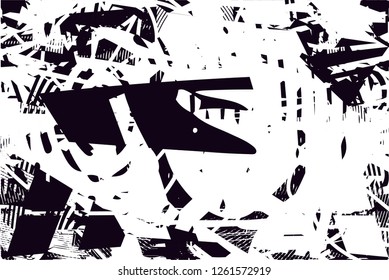 Distressed background in black and white texture with dots, spots, scratches and lines. Abstract vector illustration
