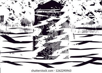 Distressed background in black and white texture from photo of medieval tower,with dots, spots, scratches and lines. Abstract vector illustration