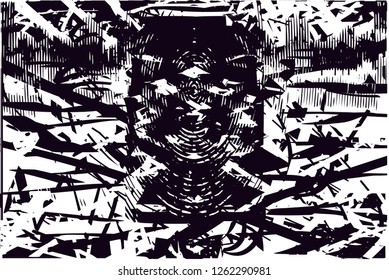 Distressed background in black and white texture from photo of medieval tower,with dots, spots, scratches and lines. Abstract vector illustration