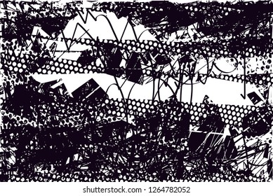 Distressed background in black and white texture with  dark spots, scratches and lines. Abstract vector illustration