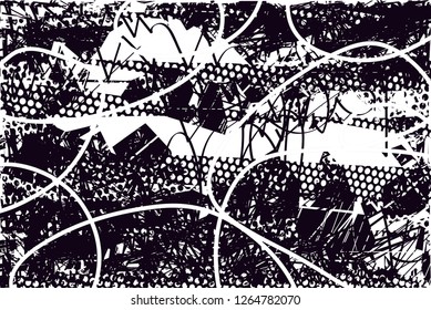Distressed background in black and white texture with  dark spots, scratches and lines. Abstract vector illustration