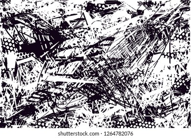 Distressed background in black and white texture with  dark spots, scratches and lines. Abstract vector illustration