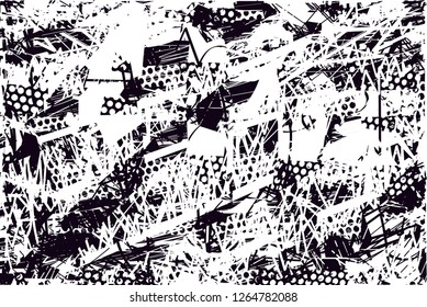 Distressed background in black and white texture with  dark spots, scratches and lines. Abstract vector illustration