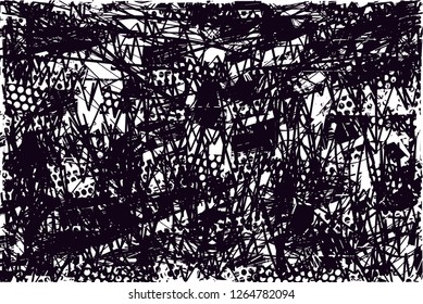 Distressed background in black and white texture with  dark spots, scratches and lines. Abstract vector illustration