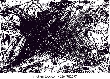 Distressed background in black and white texture with  dark spots, scratches and lines. Abstract vector illustration