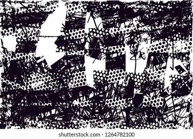 Distressed background in black and white texture with  dark spots, scratches and lines. Abstract vector illustration