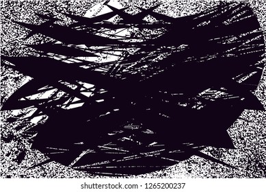 Distressed background in black and white texture with  dark spots, scratches and lines. Abstract vector illustration