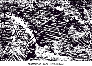 Distressed background in black and white texture with  dark spots, nets,scratches and lines. Abstract vector illustration