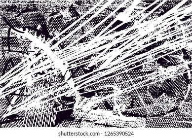 Distressed background in black and white texture with  dark spots, nets,scratches and lines. Abstract vector illustration